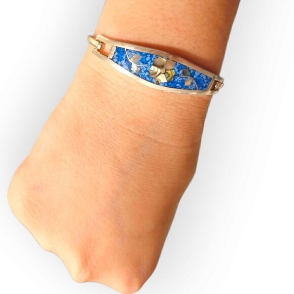 Vintage Alpaca Mexico Silver Blue Abalone Shell Mother-of-Pearl Flower Bracelet - Picture 4 of 14